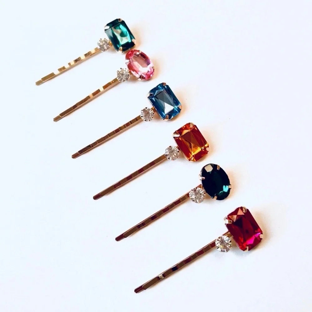 Colorful Rhinestone Gold Bobby Pin 6 pc Oval Rectangle Clip Hair Accessory NEW